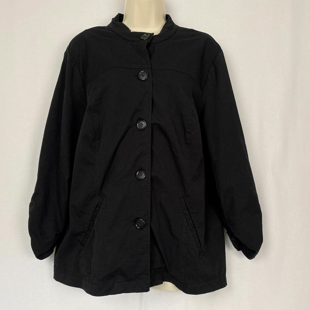 Chicos Shacket Jacket Size 2 Solid Black Button Up Pockets Ruched Stretch Large